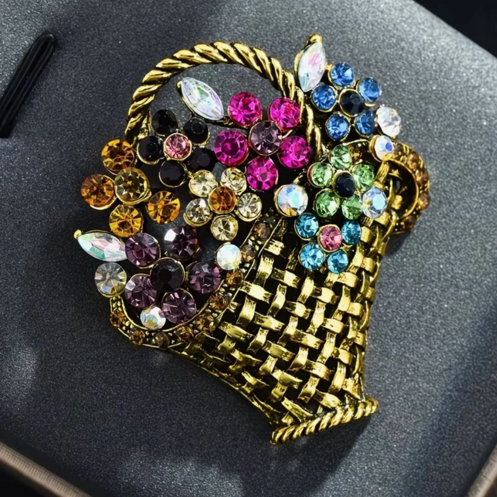 Colorful Vintage-inspired Rhinestone Flower Basket Brooch.